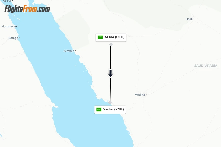 Flights from Al Ula to Yanbu route map