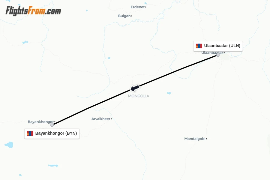 Flights from Ulaanbaatar to Bayankhongor route map