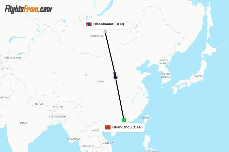 Flights from Ulaanbaatar to Guangzhou route map