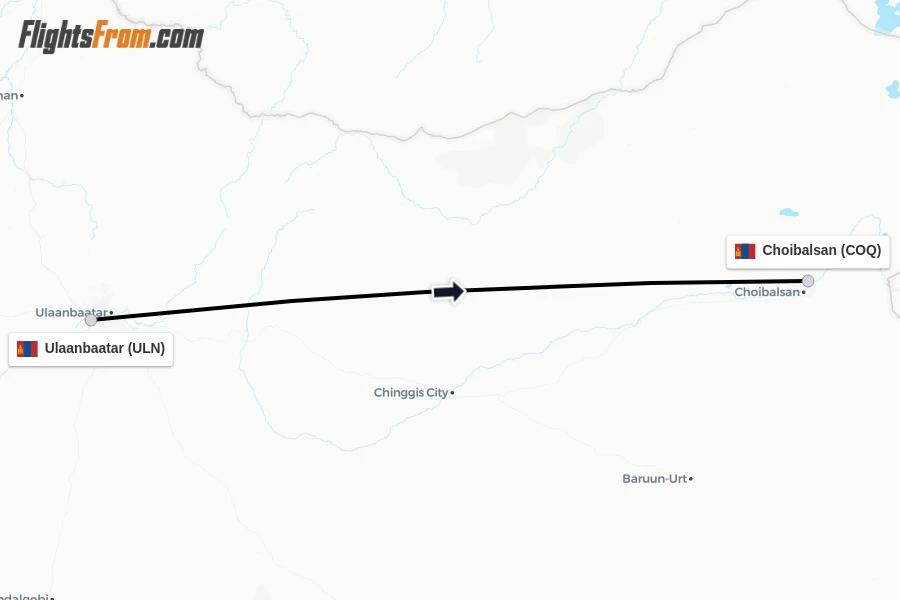 Flights from Ulaanbaatar to Choibalsan route map