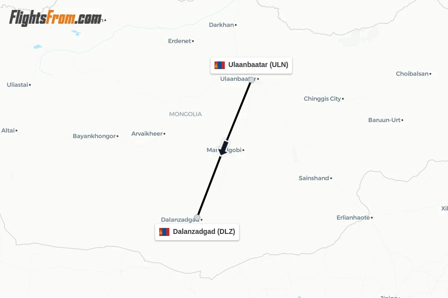 Flights from Ulaanbaatar to Dalanzadgad route map