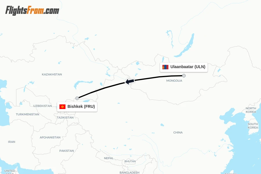 Flights from Ulaanbaatar to Bishkek route map