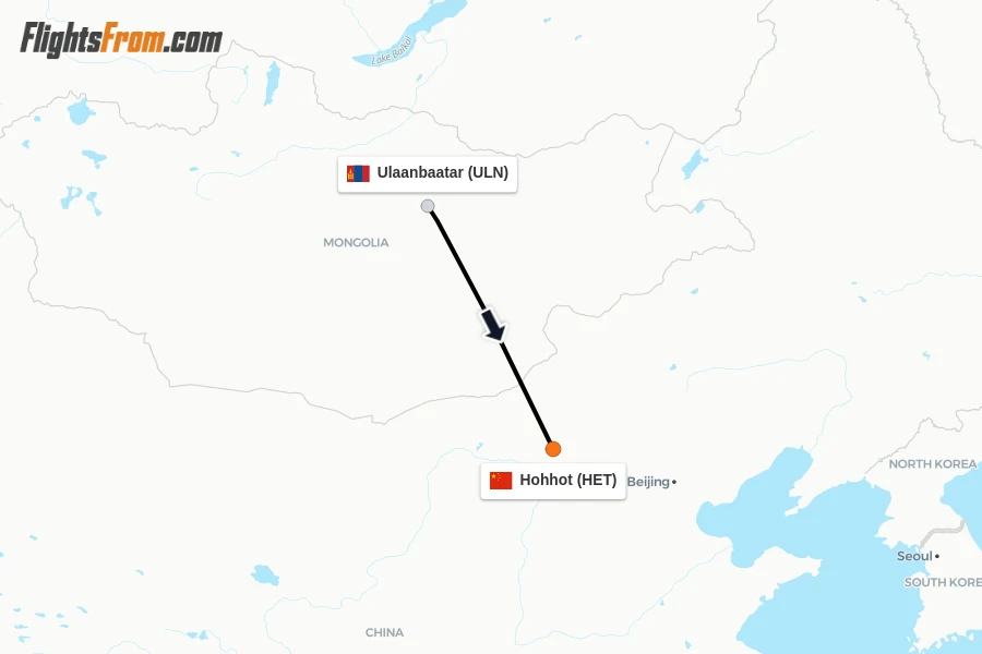 Flights from Ulaanbaatar to Hohhot route map