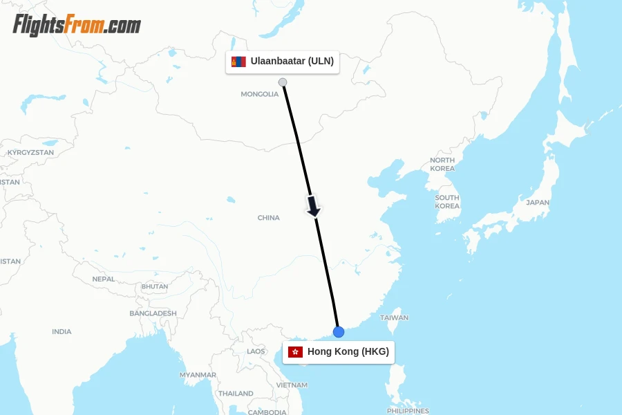 Flights from Ulaanbaatar to Hong Kong route map