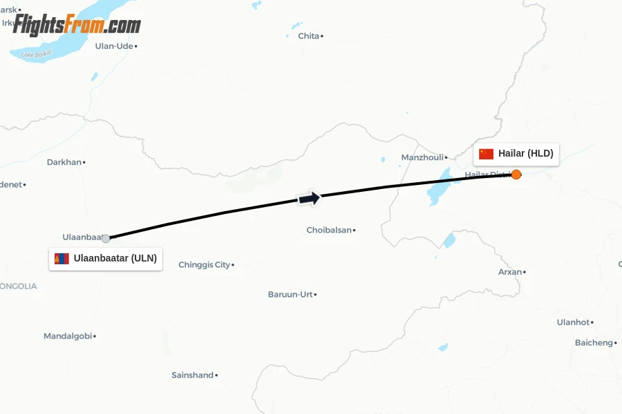 Flights from Ulaanbaatar to Hailar route map