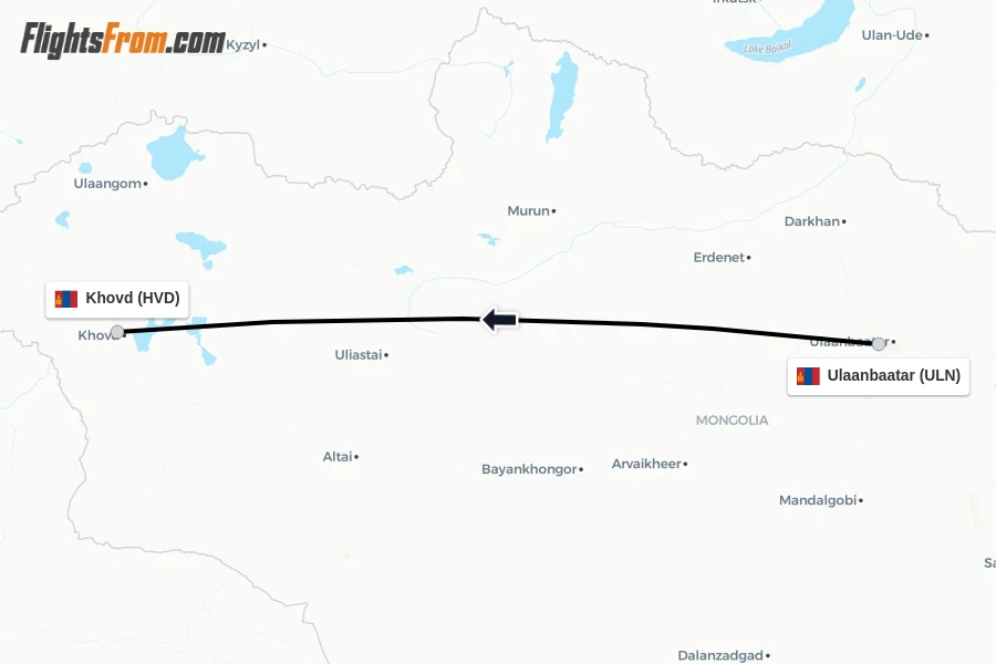 Flights from Ulaanbaatar to Khovd route map