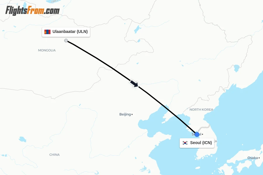 Flights from Ulaanbaatar to Seoul route map