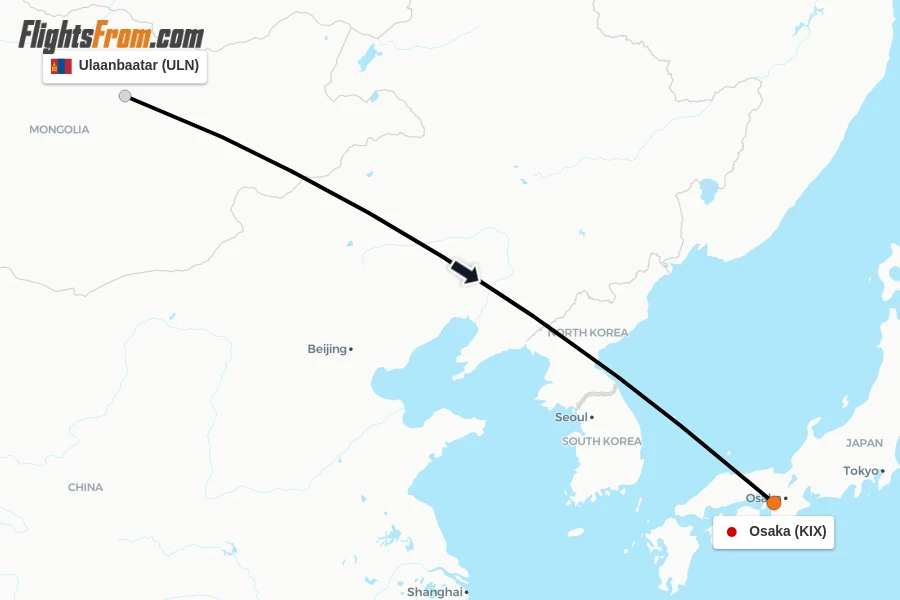 Flights from Ulaanbaatar to Osaka route map