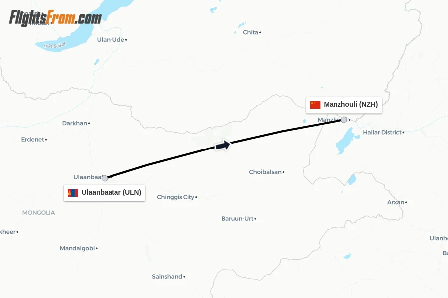 Flights from Ulaanbaatar to Manzhouli route map