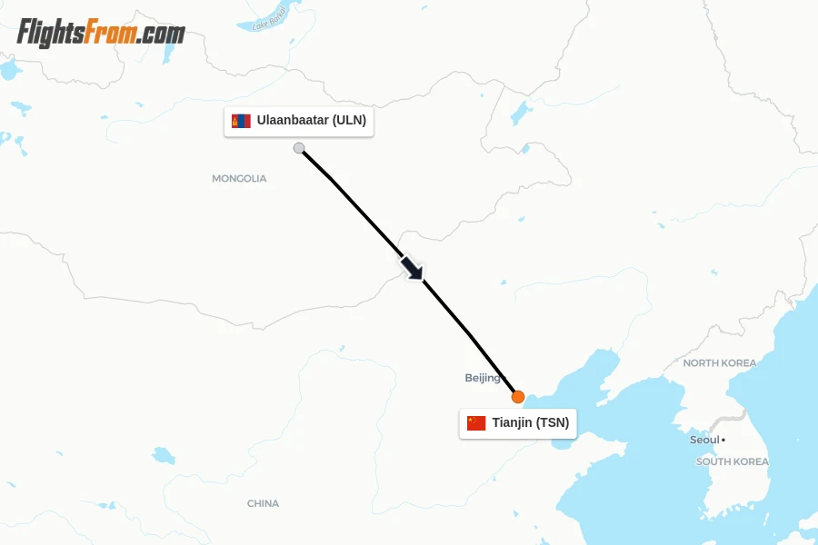 Flights from Ulaanbaatar to Tianjin route map