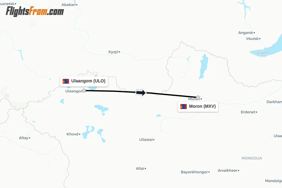 Flights from Ulaangom to Moron route map