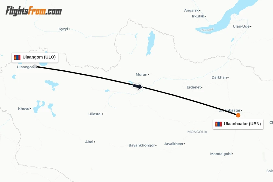 Flights from Ulaangom to Ulaanbaatar route map