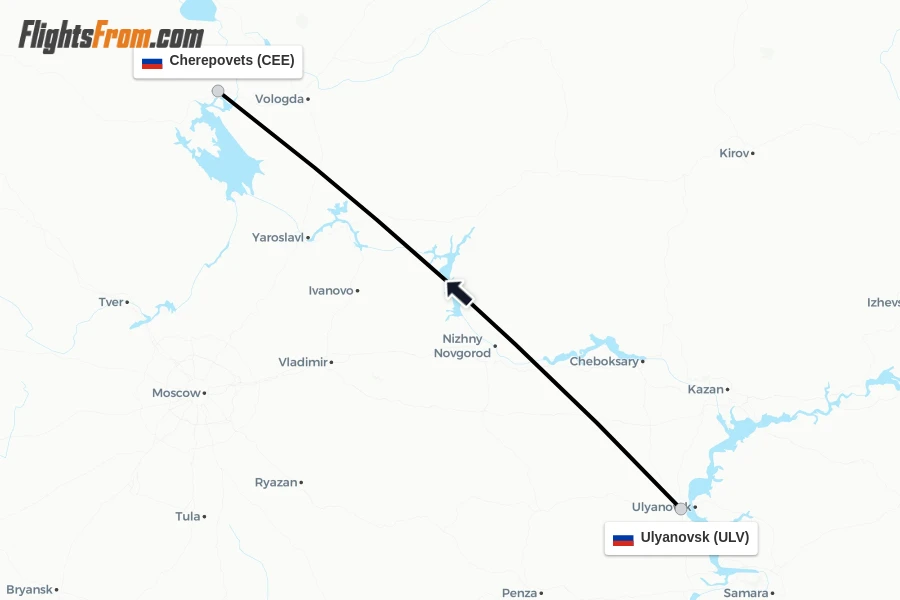 Flights from Ulyanovsk to Cherepovets route map
