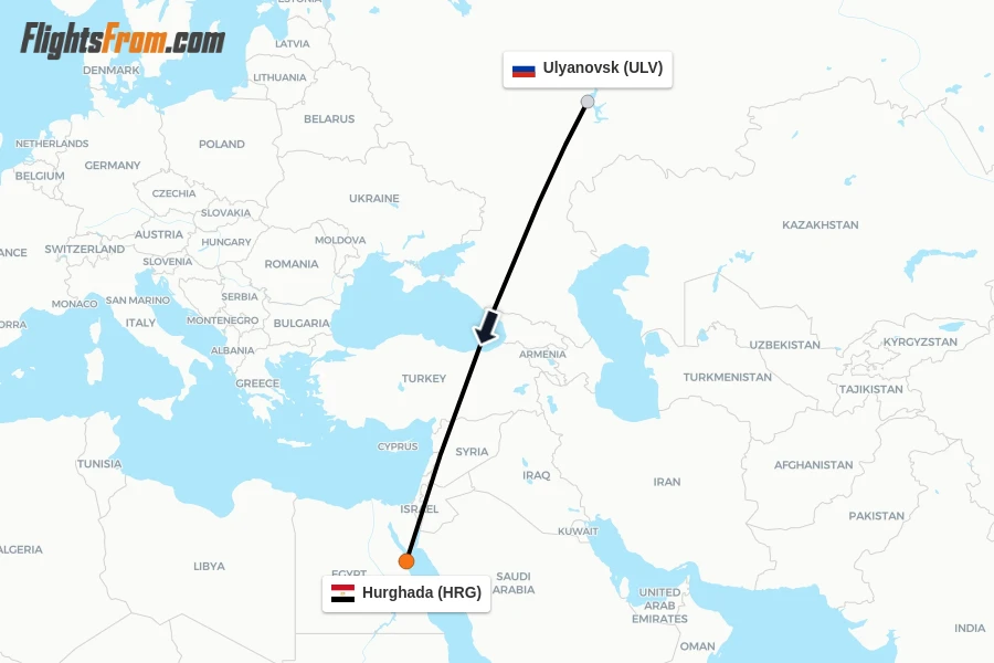 Flights from Ulyanovsk to Hurghada route map