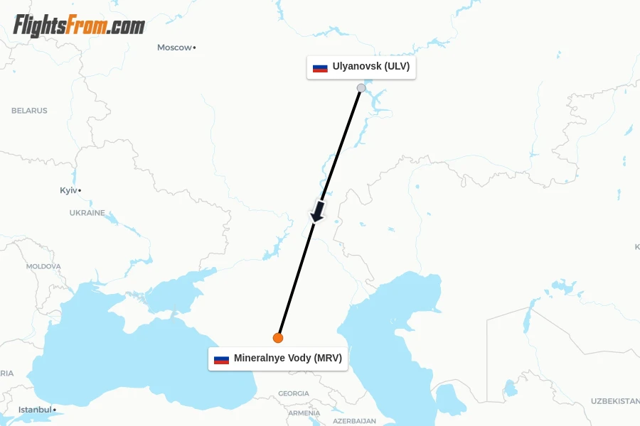 Flights from Ulyanovsk to Mineralnye Vody route map