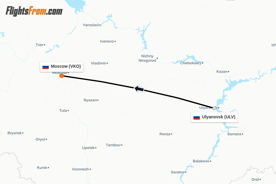 Flights from Ulyanovsk to Moscow route map