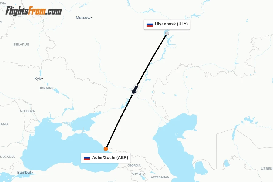 Flights from Ulyanovsk to Adler/Sochi route map
