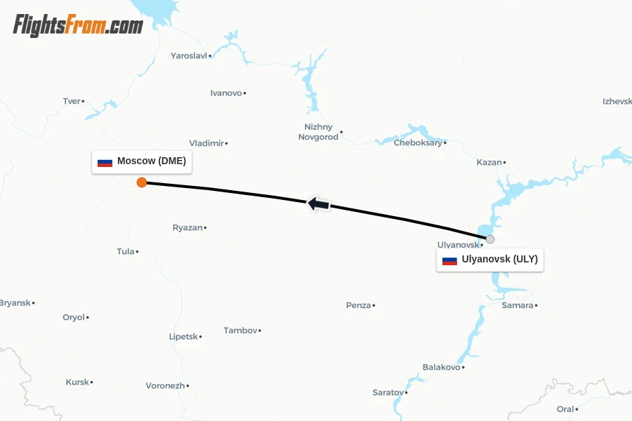 Flights from Ulyanovsk to Moscow route map