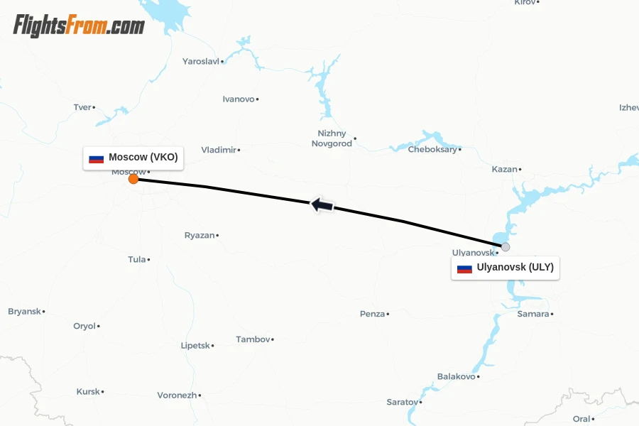 Flights from Ulyanovsk to Moscow route map