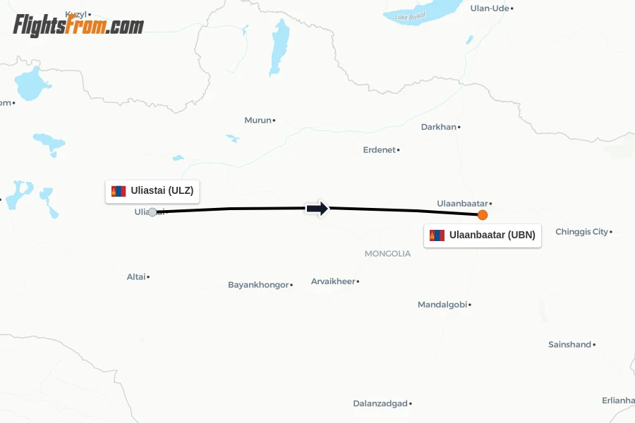 Flights from Uliastai to Ulaanbaatar route map