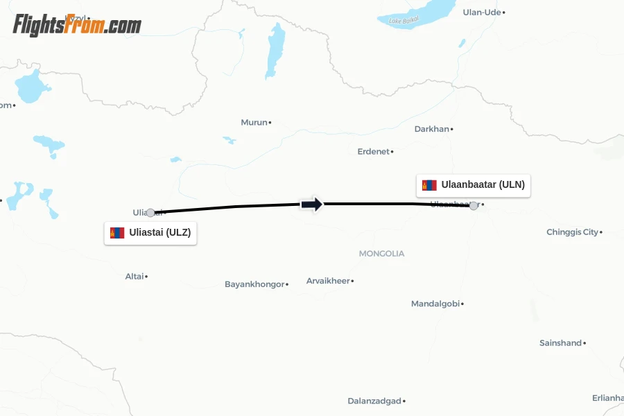 Flights from Uliastai to Ulaanbaatar route map
