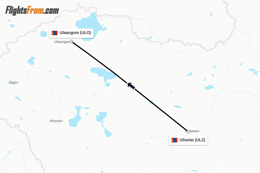 Flights from Uliastai to Ulaangom route map