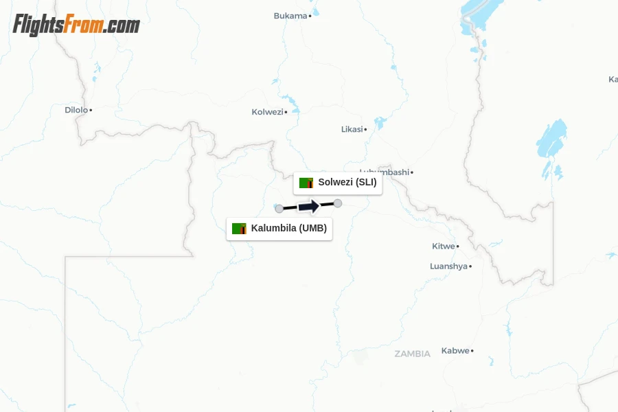 Flights from Kalumbila to Solwezi route map