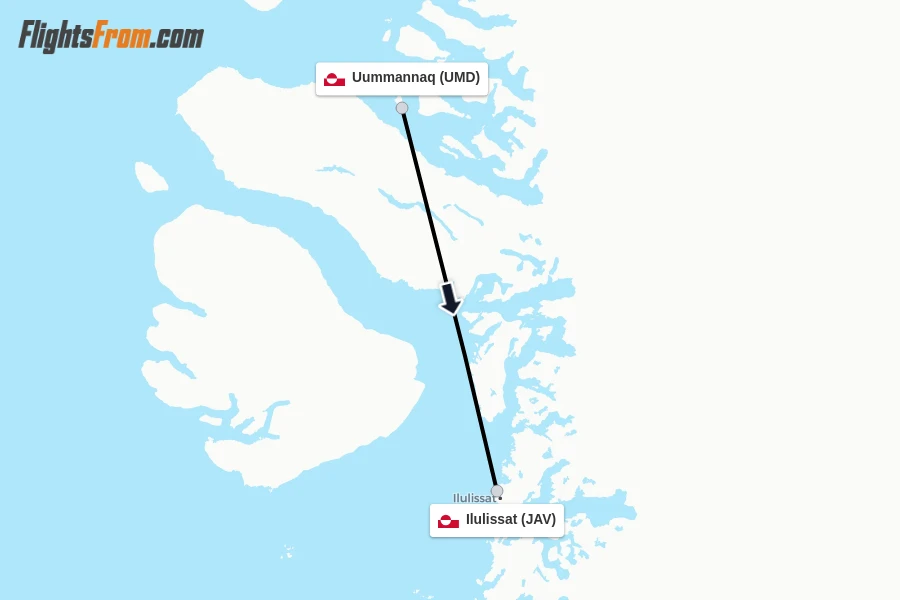 Flights from Uummannaq to Ilulissat route map