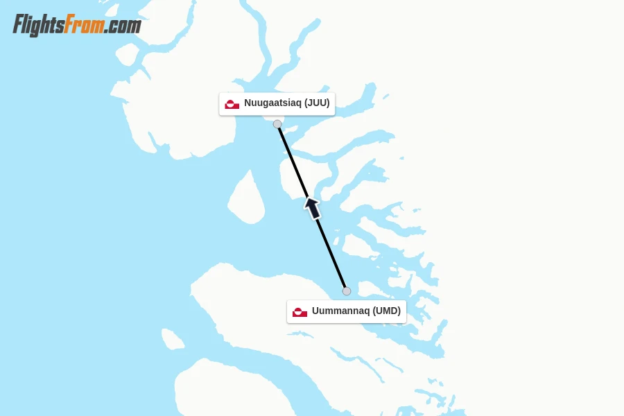 Flights from Uummannaq to Nuugaatsiaq route map