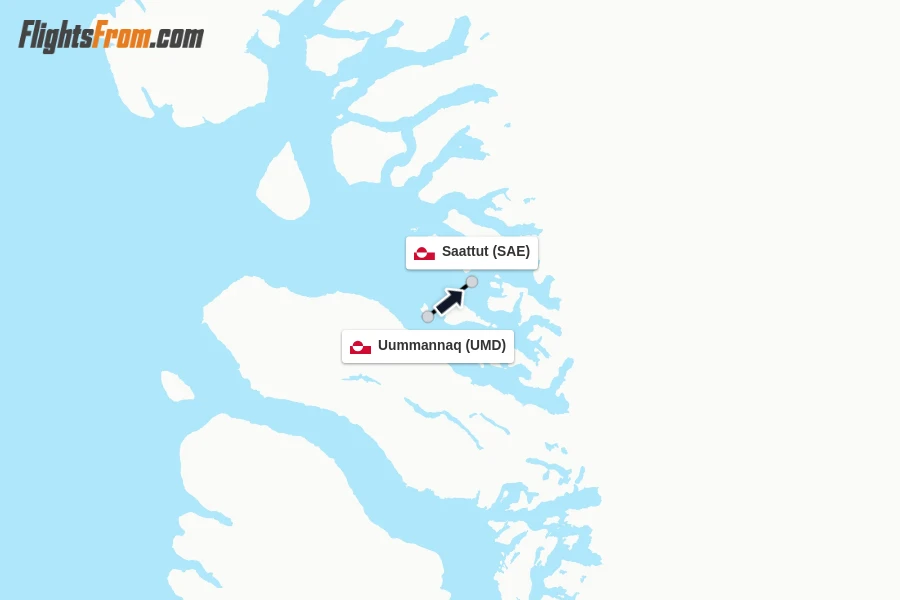 Flights from Uummannaq to Saattut route map