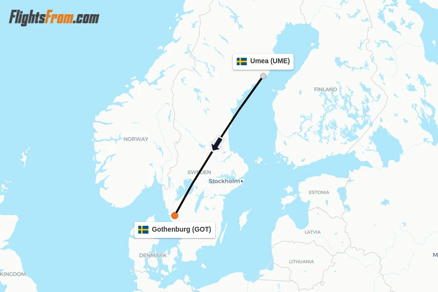 Flights from Umea to Gothenburg route map