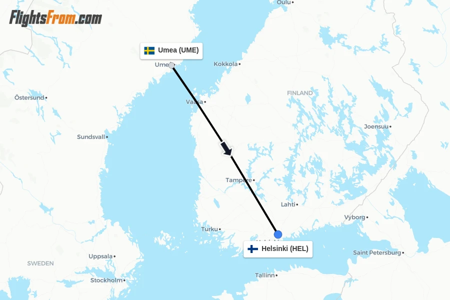 Flights from Umea to Helsinki route map