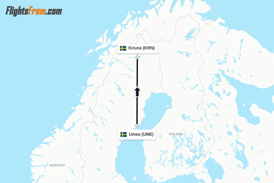 Flights from Umea to Kiruna route map