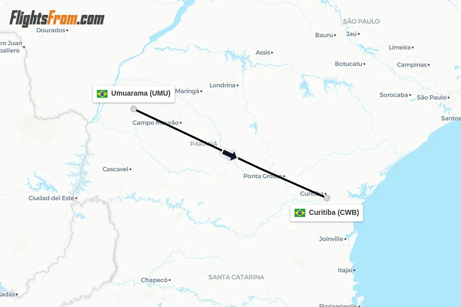 Flights from Umuarama to Curitiba route map