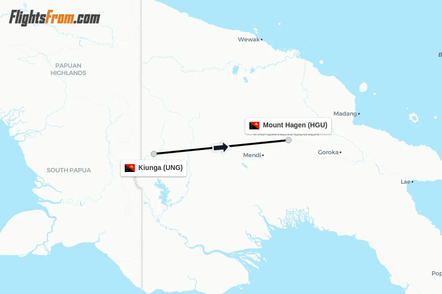 Flights from Kiunga to Mount Hagen route map