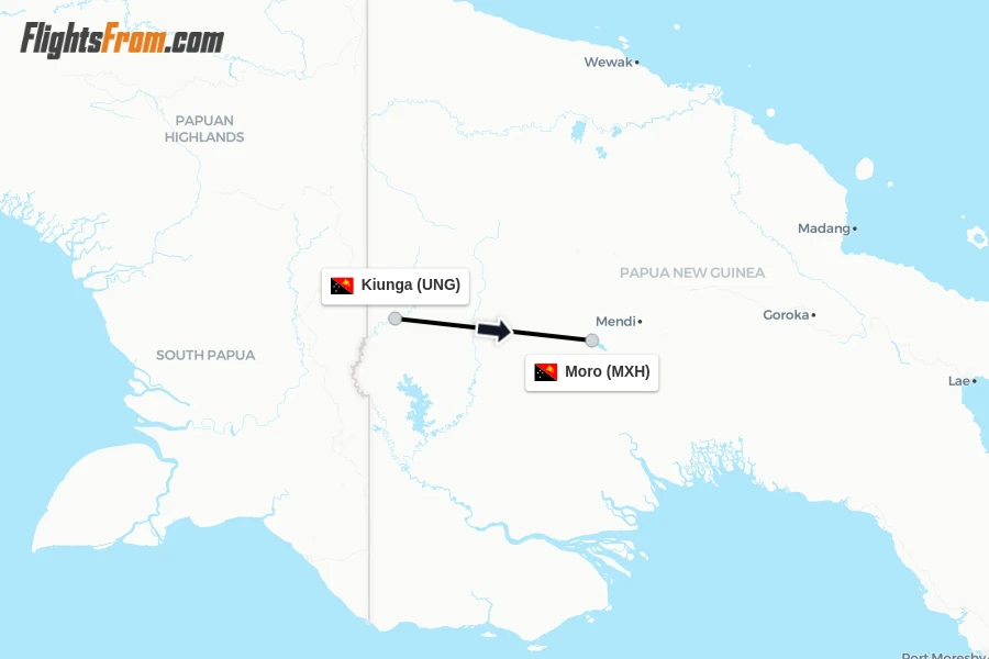 Flights from Kiunga to Moro route map