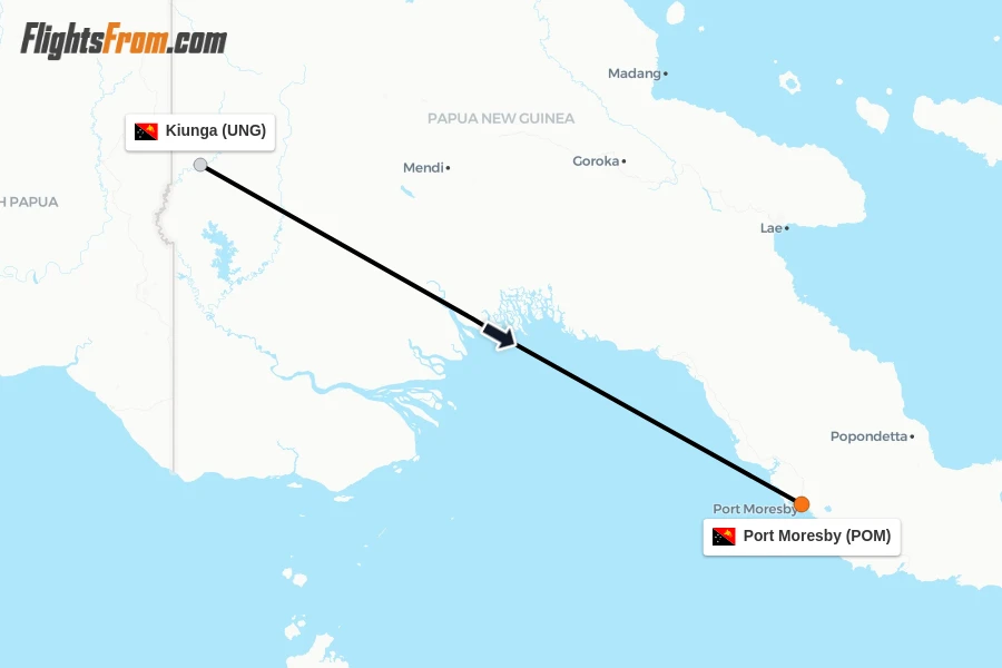 Flights from Kiunga to Port Moresby route map