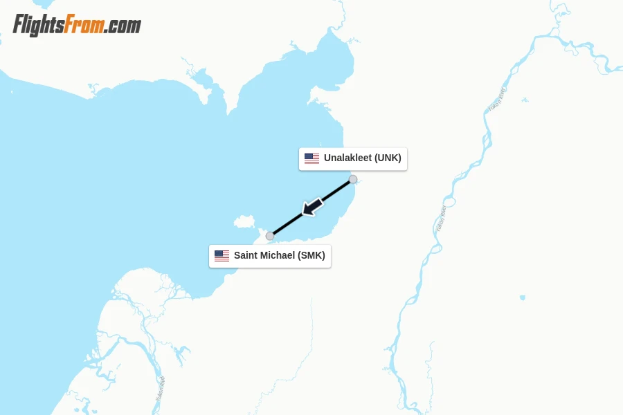 Flights from Unalakleet to Saint Michael route map