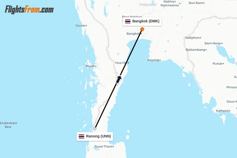 Flights from Ranong to Bangkok route map