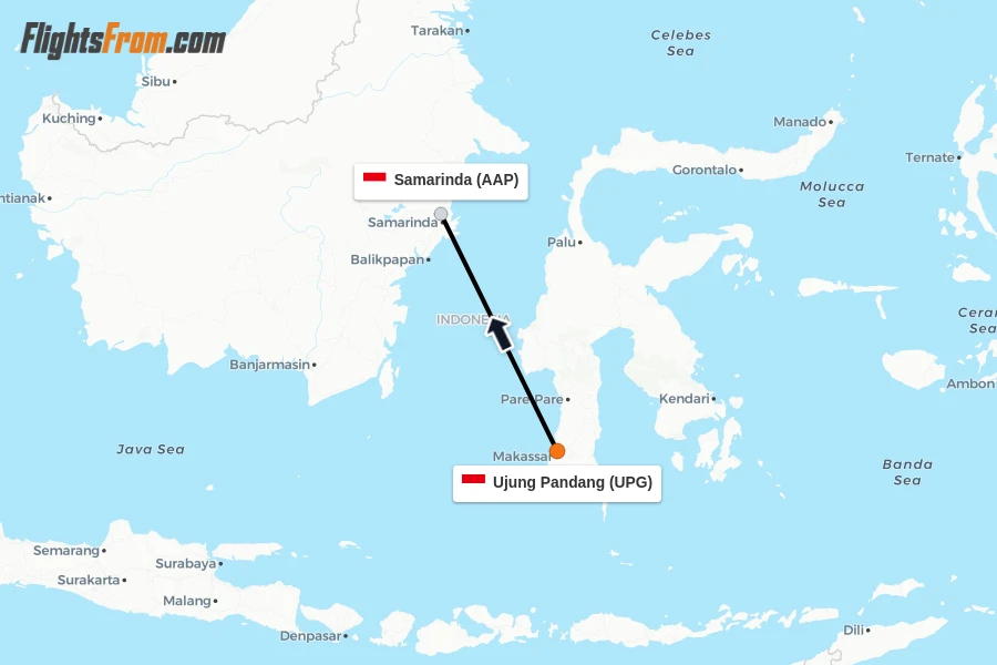 Flights from Ujung Pandang to Samarinda route map