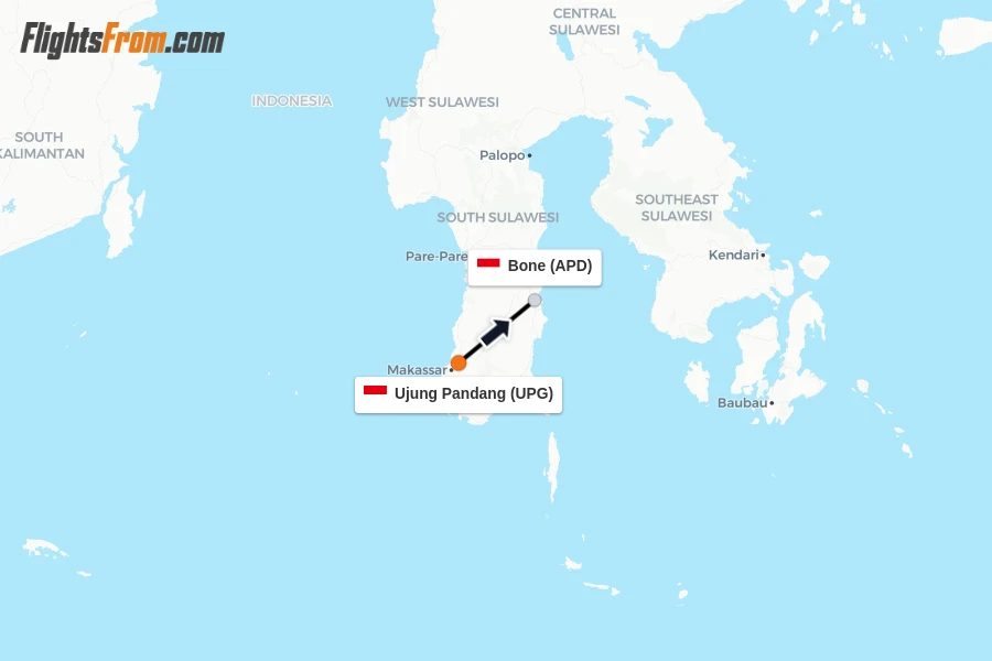 Flights from Ujung Pandang to Bone route map