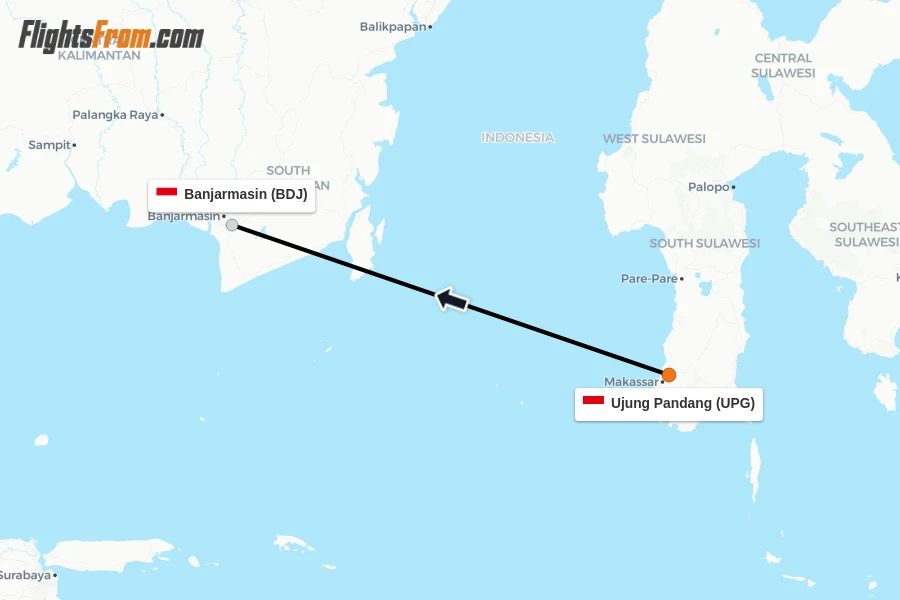 Flights from Ujung Pandang to Banjarmasin route map