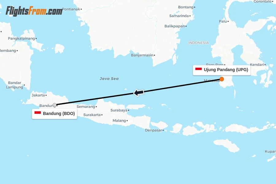 Flights from Ujung Pandang to Bandung route map