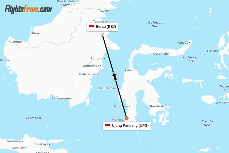 Flights from Ujung Pandang to Berau route map