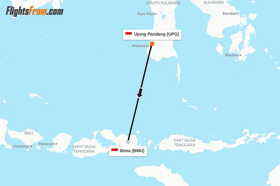 Flights from Ujung Pandang to Bima route map