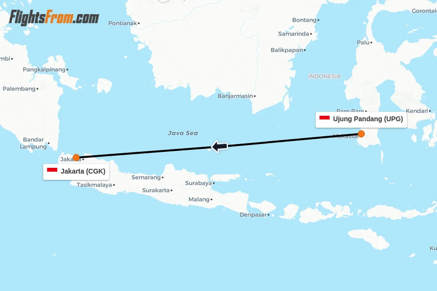 Flights from Ujung Pandang to Jakarta route map