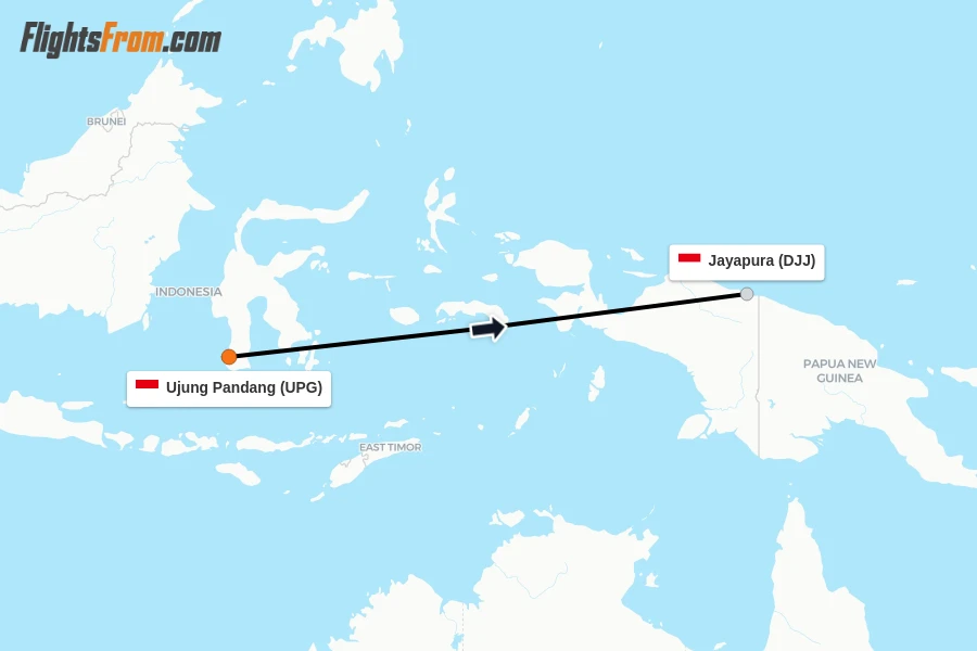 Flights from Ujung Pandang to Jayapura route map