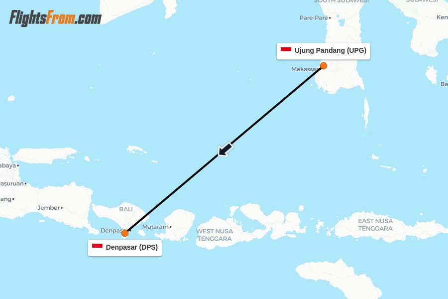 Flights from Ujung Pandang to Denpasar route map