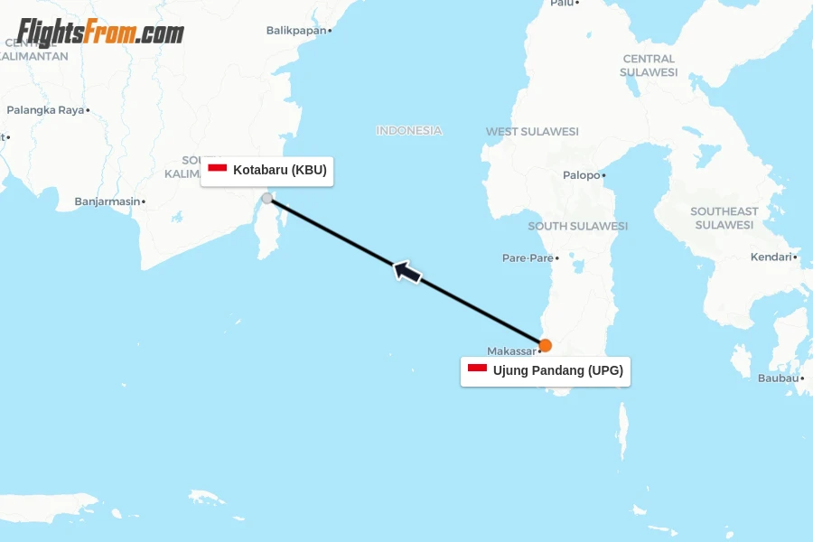 Flights from Ujung Pandang to Kotabaru route map
