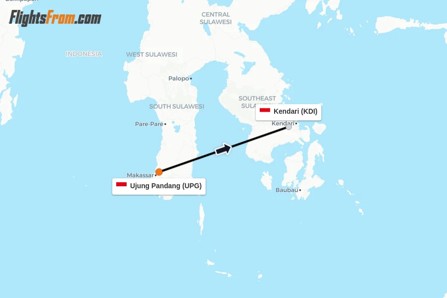 Flights from Ujung Pandang to Kendari route map